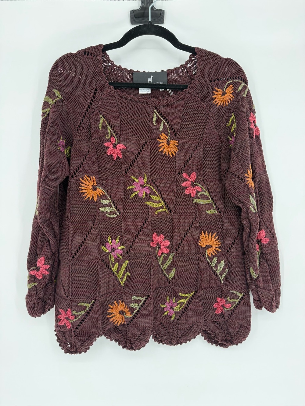 Peruvian Connection L Embroidered Pima Cotton Open Knit Floral Sweater Boho Art